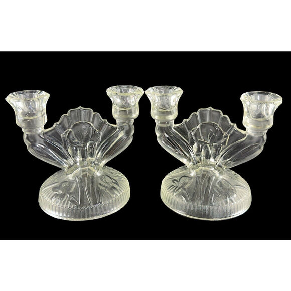 Vintage Art Deco Glass Double Candle Holders Shell Fan Design 2 Candlesticks - Picture 15 of 16